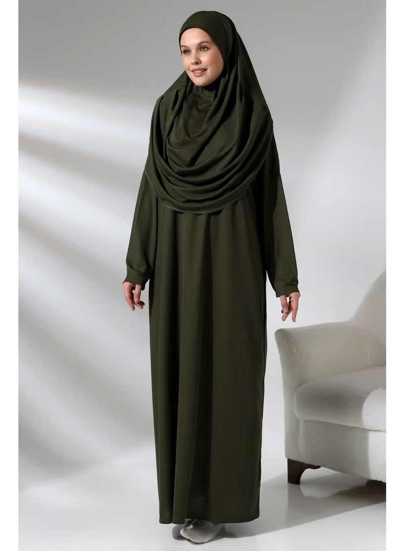 Ihvan Khaki Women's Practical Headscarf One-Piece Prayer Dress with Bag - Image 3